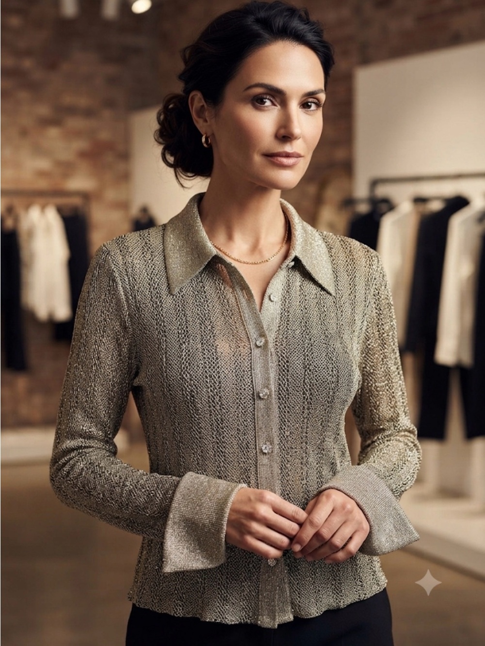 JS Collection Metallic Knit Button-Front Blouse